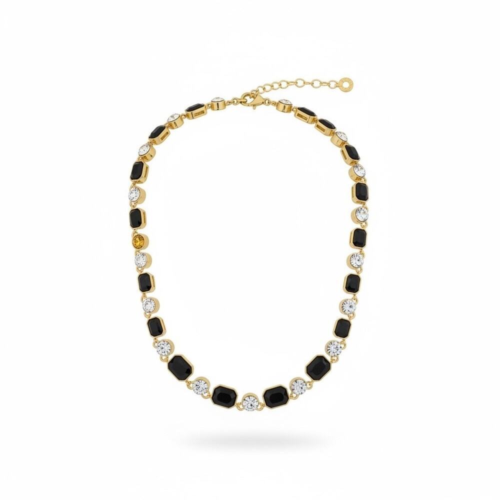 Anne Klein Gold Tone Crystal & Black Stone Station Necklace NWT